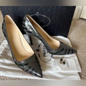Prada Spazzolato leather zebra print pumps. Size 8. Black and gray.